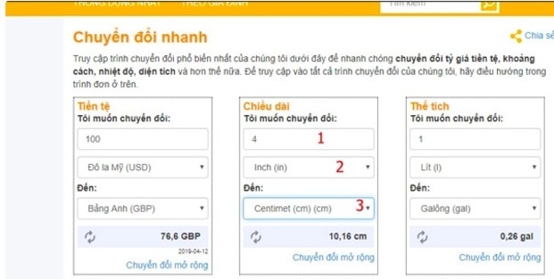 Đổi inch sang cm với ConvertWorld (Nguồn: Internet)