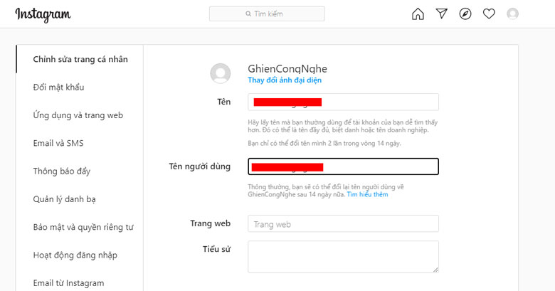 cách đổi tên instagram trên máy tính: bước 4