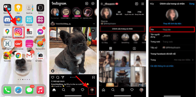 cách đổi tên instagram trên điện thoại: bước 1+2